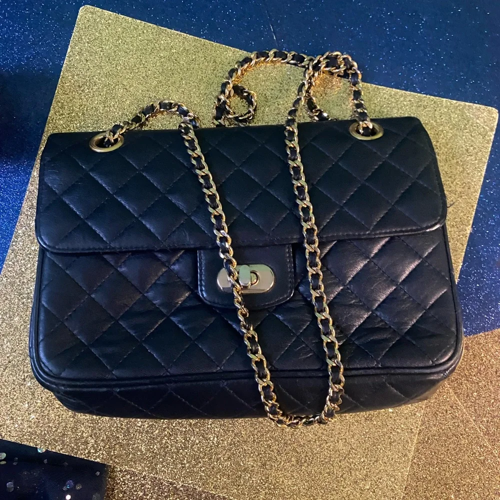 KORET VNTG MIDNIGHT NAVY GOLD QUILTED LEATHER CROSSBODY LUX Bag GORG RARE M - Picture 4 of 15
